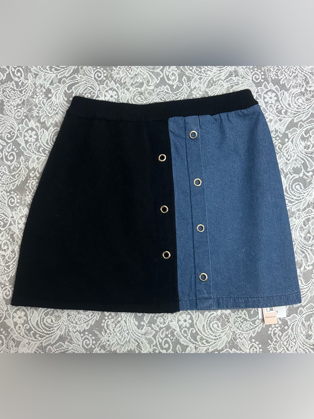 Micas Colorblock Mini Skirt Eyelet Black Denim Blue L NWT